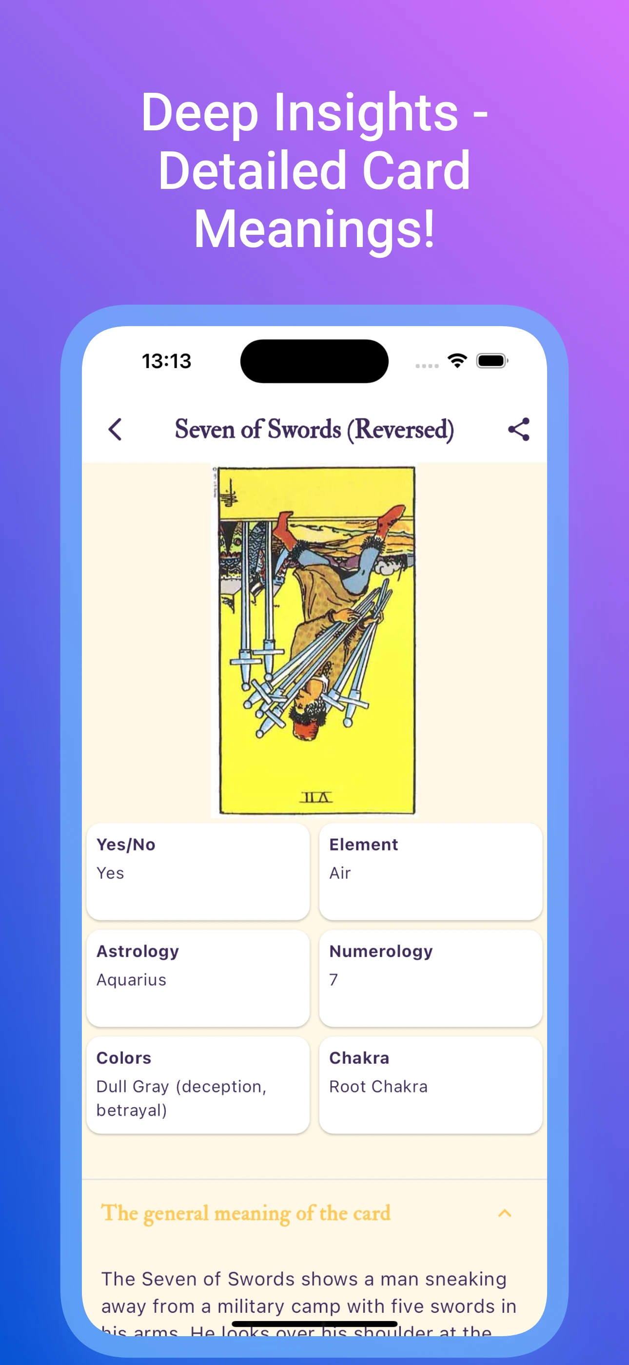 Detailed view of a single tarot card with its upright and reversed meanings