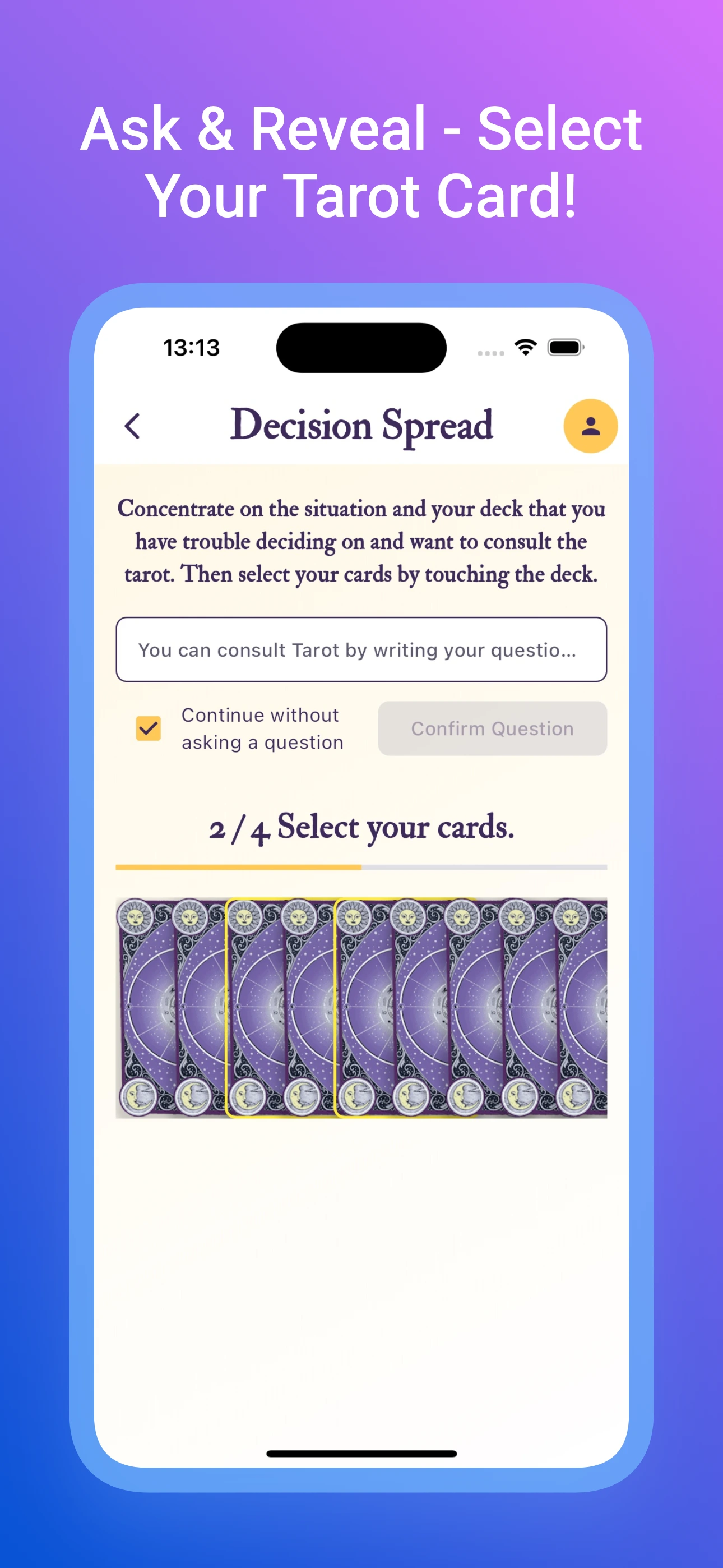 Screen for selecting a tarot card from a beautifully animated deck