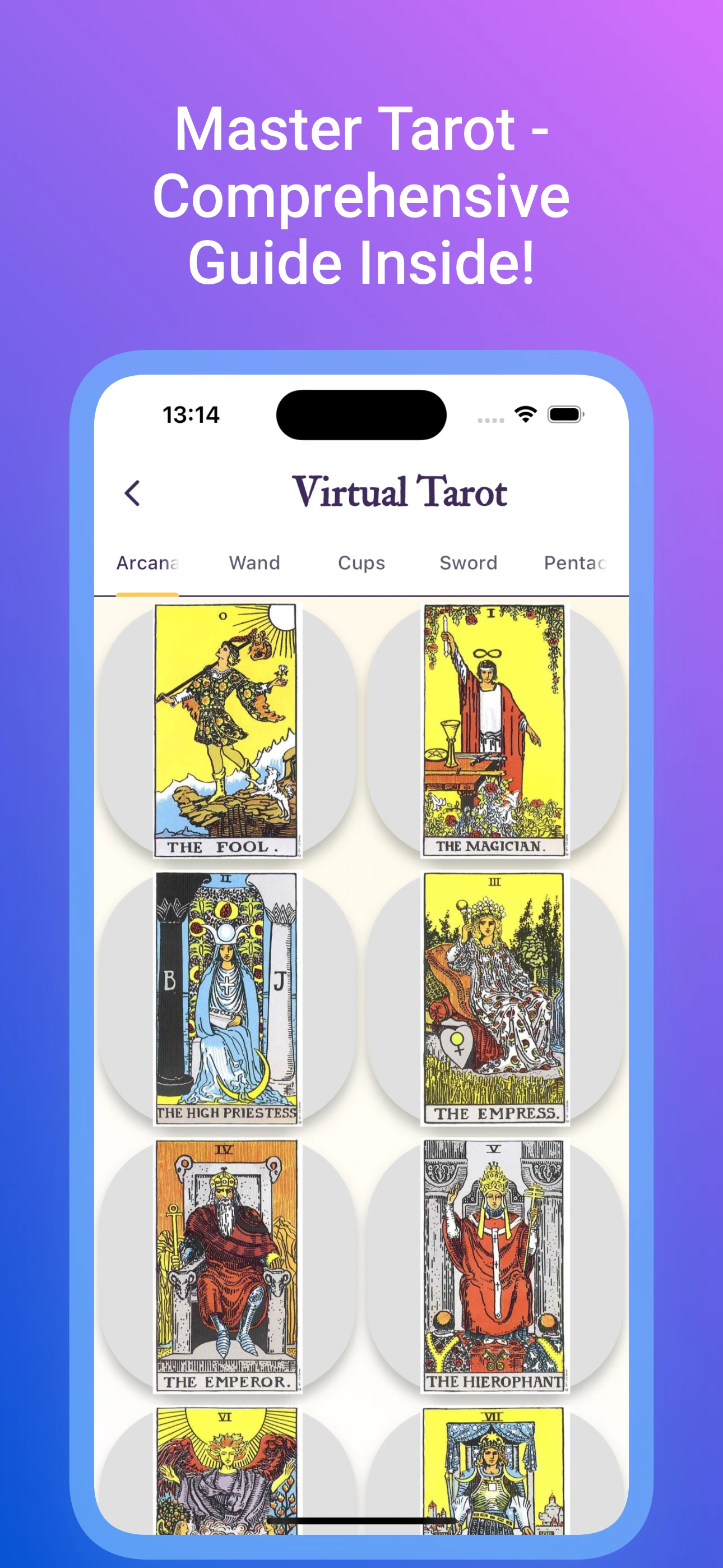 The in-app guide book or library with all 78 tarot cards
