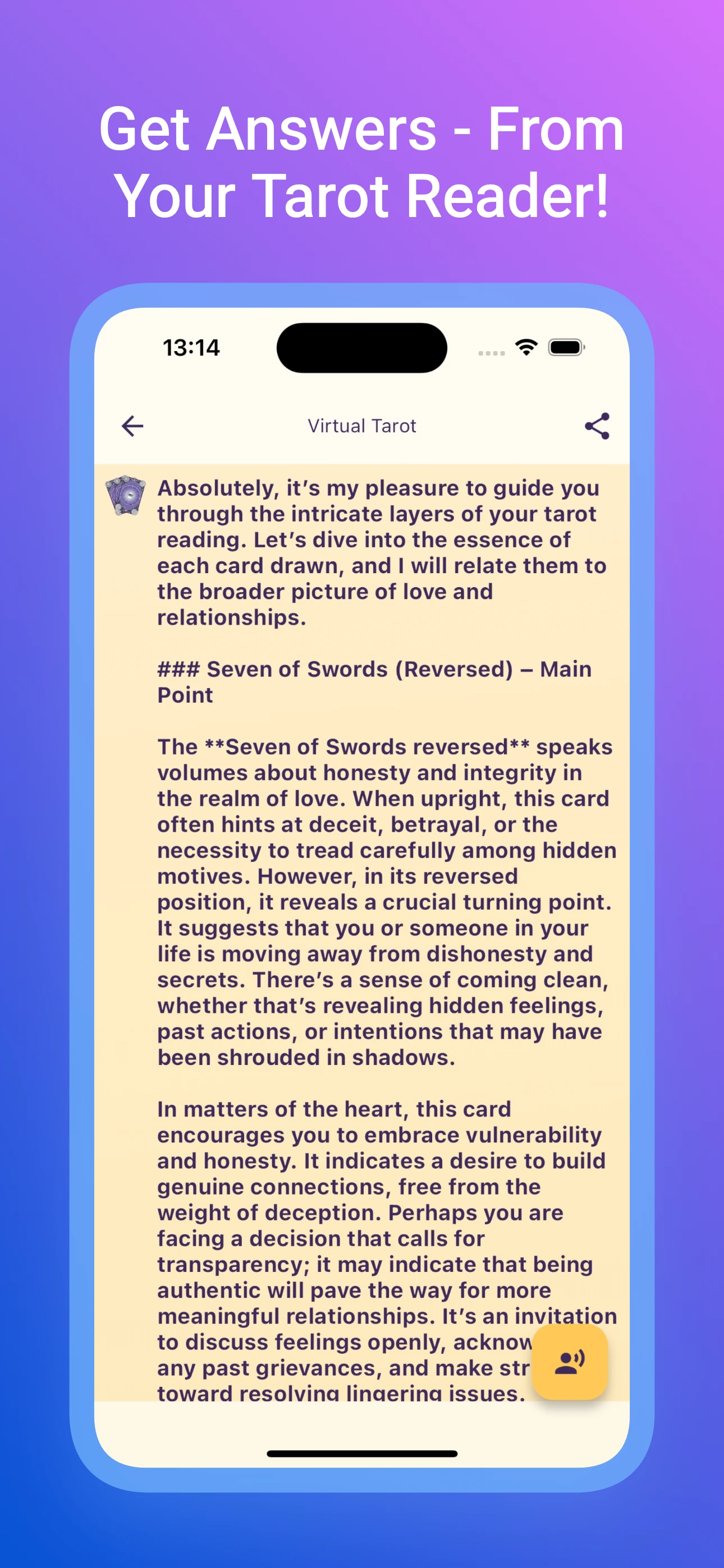 Screen showing a detailed, personalized interpretation of the full tarot reading