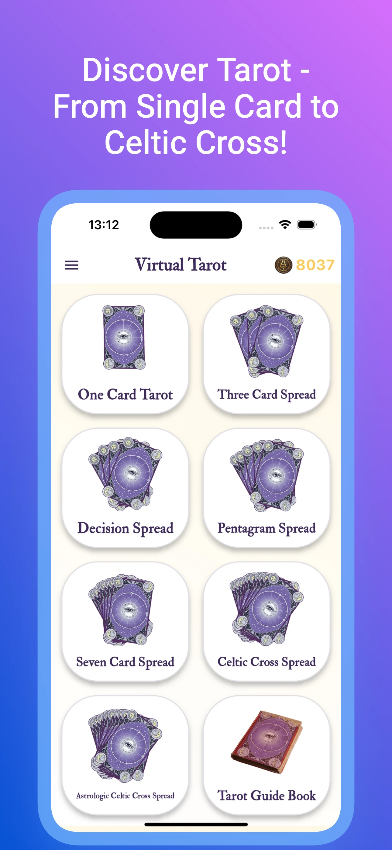 Virtual Tarot main menu screen showing card selection for a reading