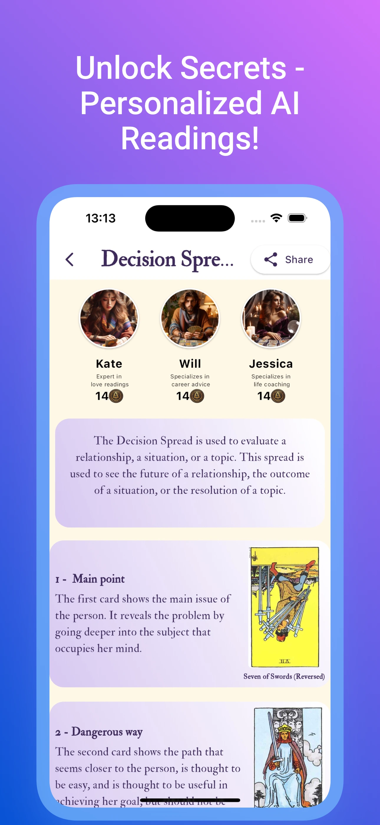 Result screen showing the selected tarot cards in their final spread